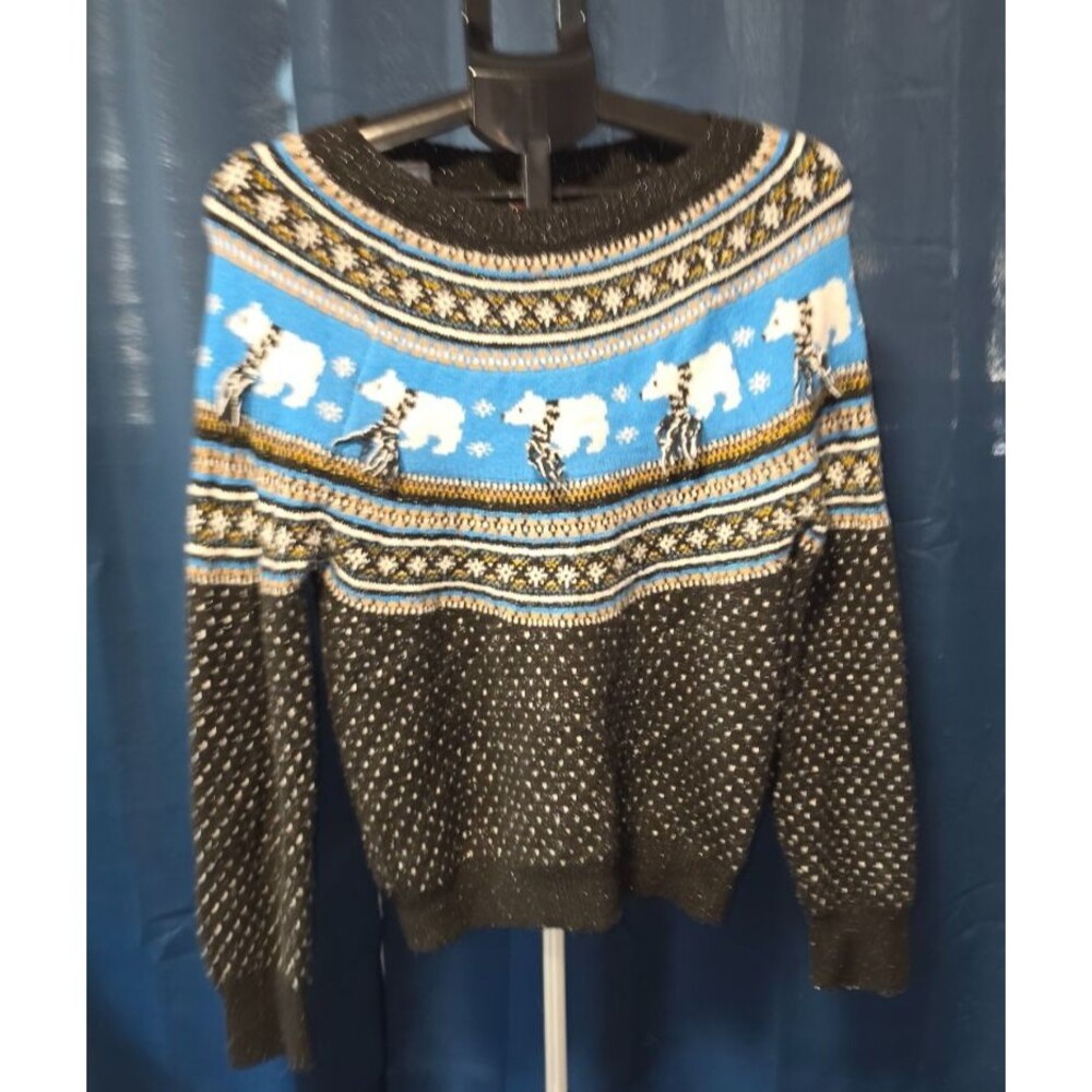 Holiday Time Blue Black silver Polar Bear Winter Sweater Small 4/6